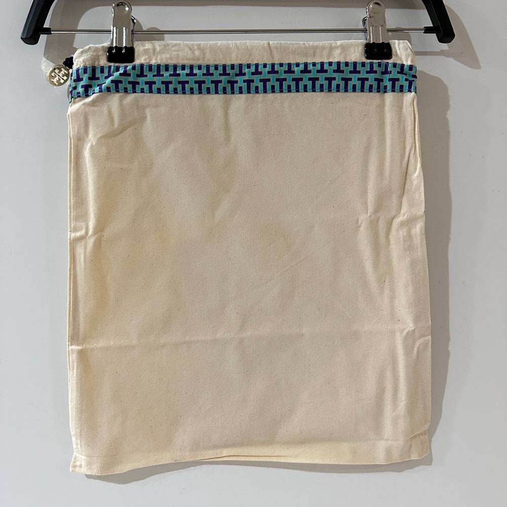 Tory Burch Cream Drawstring Dust Bag with Teal & Navy Trim